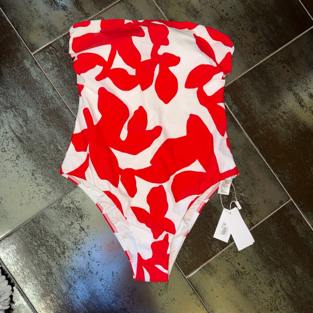 Milly Red & White Grand Foliage Strapless Floral One-Piece Swimsuit NWT